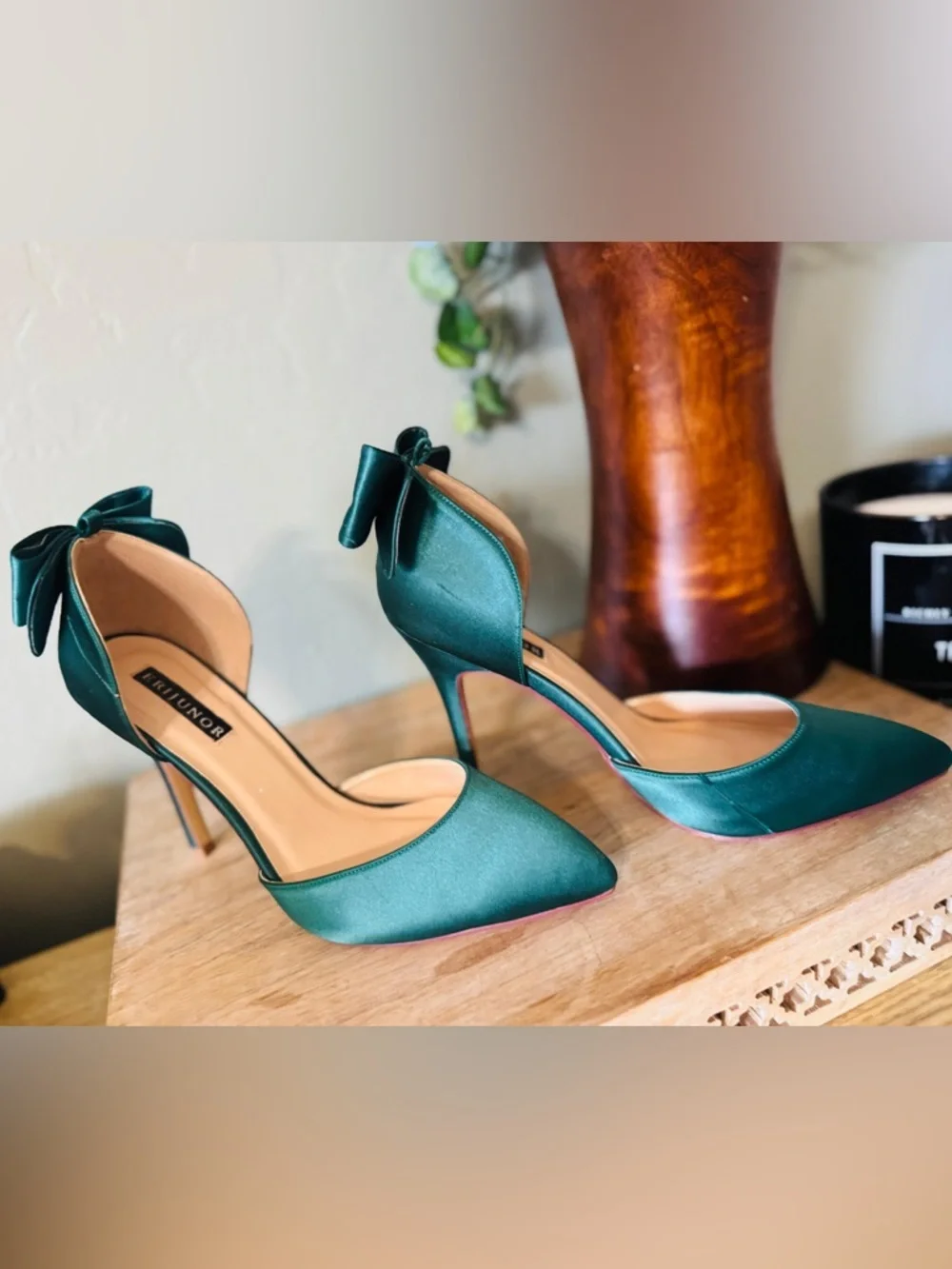 Emerald Green Satin Heels Bow Pointed Toe Stiletto Size 8